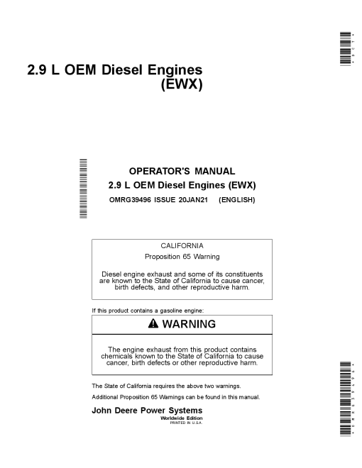 John Deere 2.9 L OEM Diesel Engines Final Tier 4 Stage IV Stage V Platform Includes RG39833 OMRG39496 Operation and Maintenance manual PDF Download
