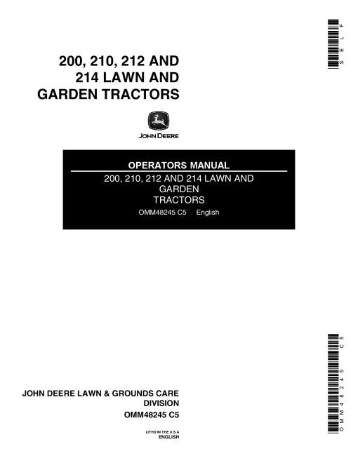 John Deere 200 210 212 214 Lawn Garden Tractors OMM48245 Operation and Maintenance manual PDF Download