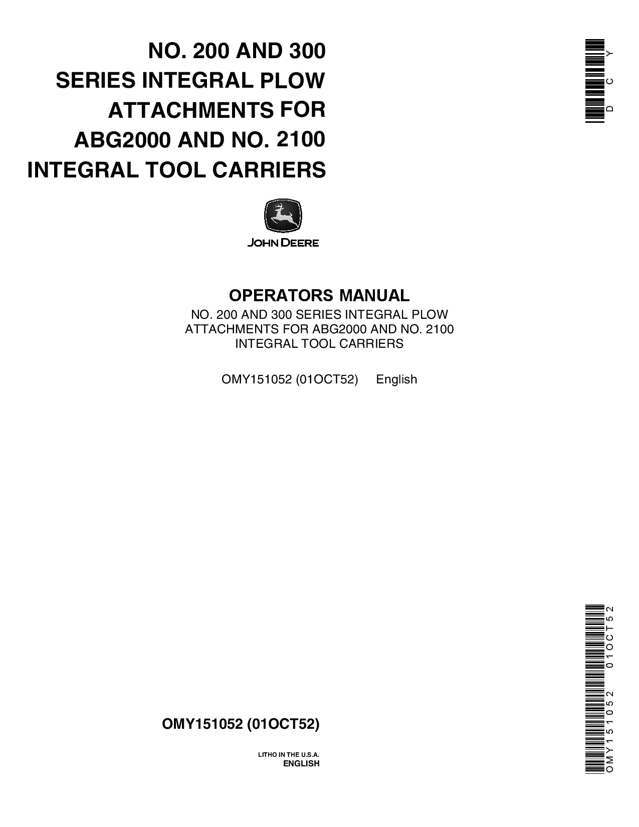 John Deere 200 300 Moldboard Plow Integral OMY151052 Operation and Maintenance manual PDF Download