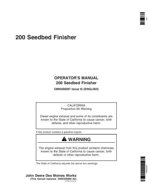 John Deere 200 Seedbed Finisher OM PDI Combination OMN300397 Operation and Maintenance manual PDF Download