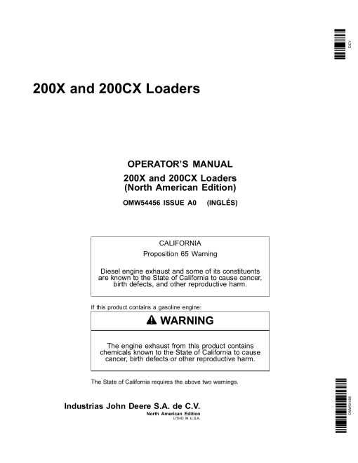 John Deere 200X 200CX Loaders OMW54456 Operation and Maintenance manual PDF Download