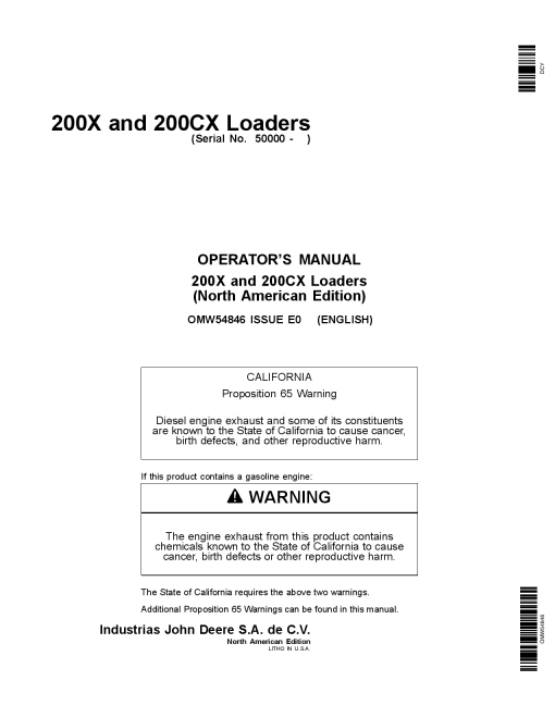 John Deere 200X 200CX Loaders OMW54846 Operation and Maintenance manual PDF Download