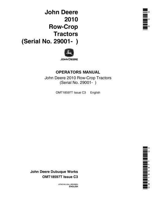 John Deere 2010 Row Crop Tractors 029001 OMT18597T Operation and Maintenance manual PDF Download