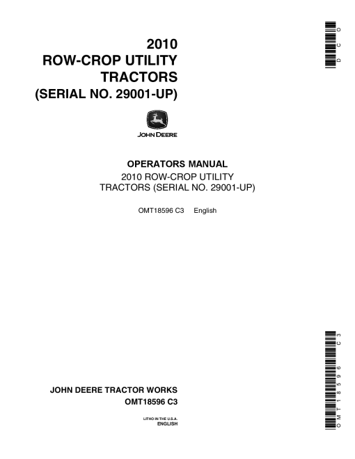 John Deere 2010 Row Crop Utility Tractors 029001 OMT18596 Operation and Maintenance manual PDF Download
