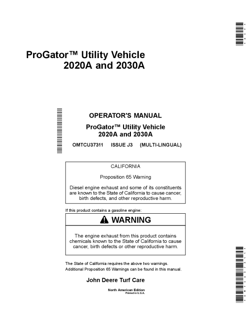John Deere 2020A 2030A ProGator North American Edition 075001 080000 Order manual as OMTCU37311 Operation and Maintenance manual PDF Download