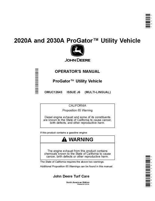 John Deere 2020A 2030A ProGator Utility Vehicles North American Edition OMUC12643 Operation and Maintenance manual PDF Download