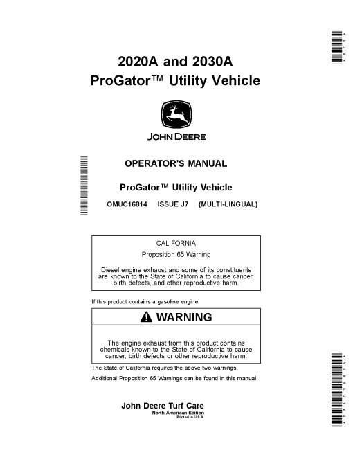 John Deere 2020A 2030A ProGator Utility Vehicles OMUC16814 Operation and Maintenance manual PDF Download