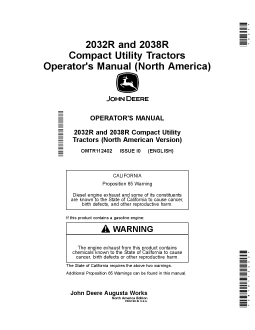 John Deere 2032R and 2038R Compact Utility Tractors OMTR112402 Operation and Maintenance manual PDF Download