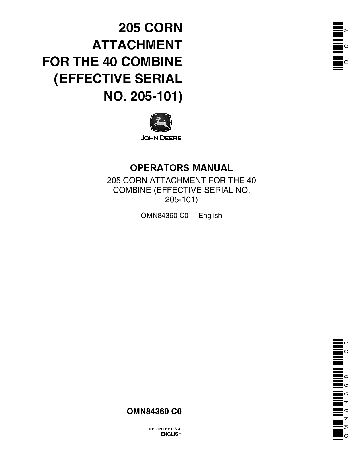John Deere 205 Corn Attachment for 40 Combine OMN84360 Operation and Maintenance manual PDF Download