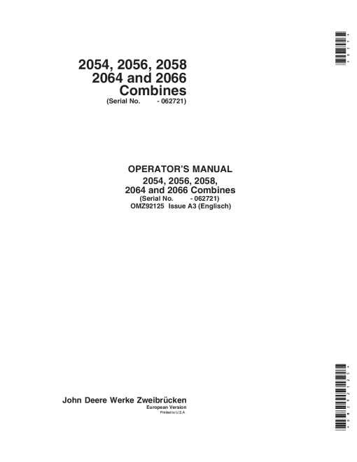 John Deere 2054 2056 2058 2064 2066 Combines OMZ92125 Operation and Maintenance manual PDF Download
