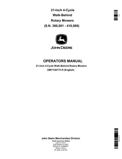 John Deere 21 Inch 4 Cycle Walk Behind Rotary Mower 3660001 410000 OMTY20775 Operation and Maintenance manual PDF Download