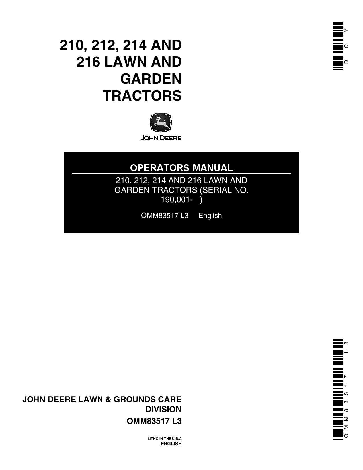 John Deere 210 212 214 216 Lawn Garden Tractors OMM83517 Operation and Maintenance manual PDF Download