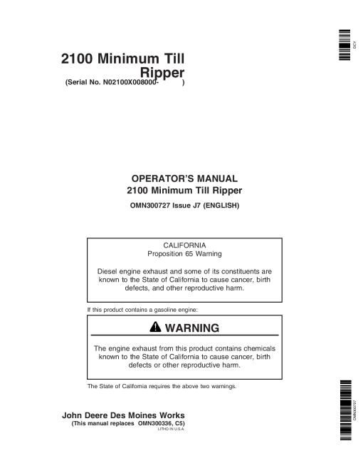 John Deere 2100 Minimum Till Ripper North American Edition 008000 009999 OMN300727 Operation and Maintenance manual PDF Download