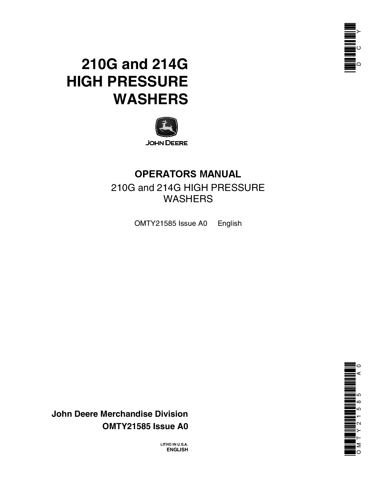 John Deere 210G 214G High Pressure Washers OMTY21585 Operation and Maintenance manual PDF Download