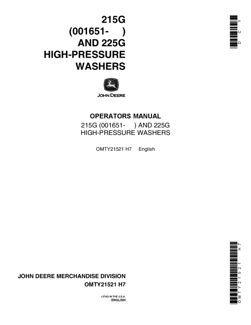 John Deere 215 225G HI Pressure Washer OMTY21521 Operation and Maintenance manual PDF Download