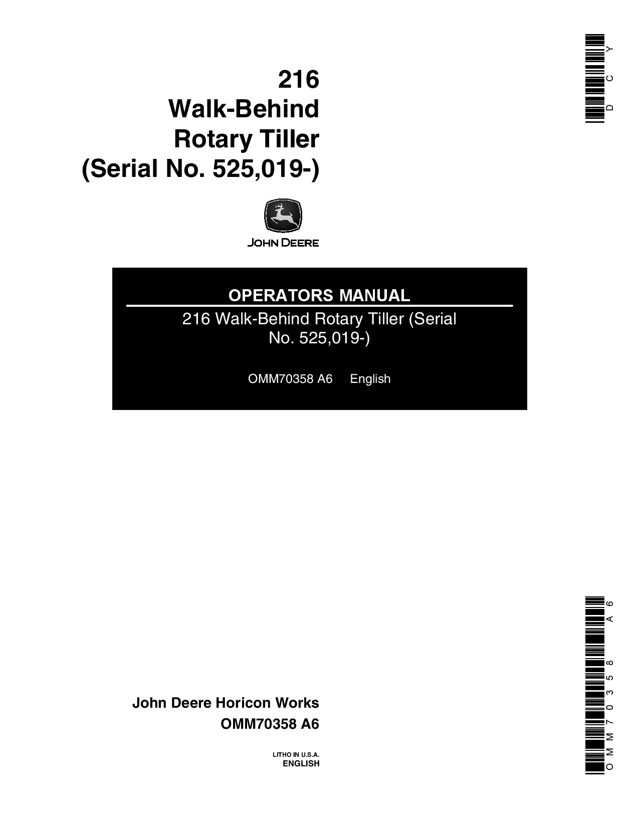 John Deere 216 Walk Behind Rotary Tiller 525019 OMM70358 Operation and Maintenance manual PDF Download