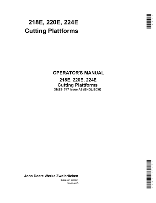 John Deere 218E 220E 224E Cutting Plattforms OMZ91747 Operation and Maintenance manual PDF Download