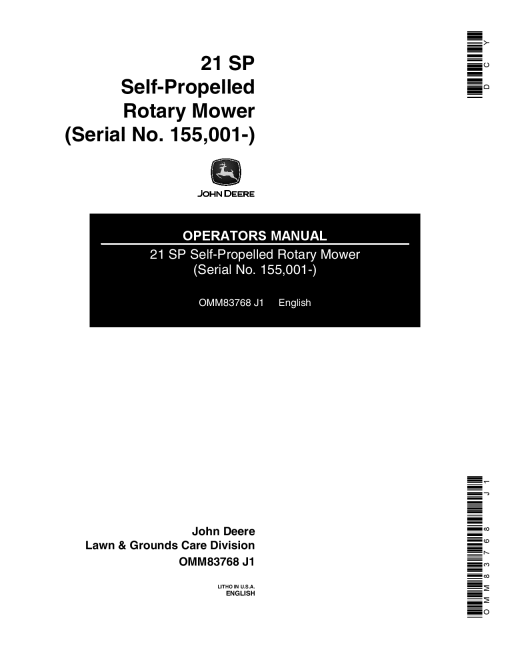 John Deere 21SP 21SPE Walk Behind Rotary Mower 155001 OMM83768 Operation and Maintenance manual PDF Download