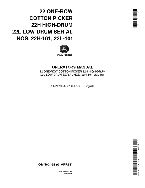 John Deere 22 One Row Cotton Picker 000101 OMN62458 Operation and Maintenance manual PDF Download