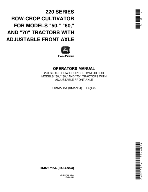 John Deere 220 Series Row Crop Cultivator OMN27154 Operation and Maintenance manual PDF Download