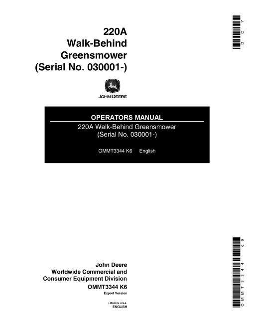 John Deere 220A Walk Behind Greensmower 030001 OMMT3344 Operation and Maintenance manual PDF Download