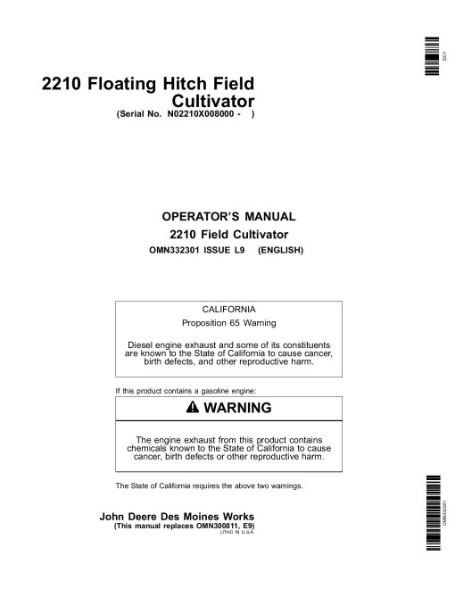 John Deere 2210 Floating Hitch Field Cultivator European Edition 008000 OMN332301 Operation and Maintenance manual PDF Download