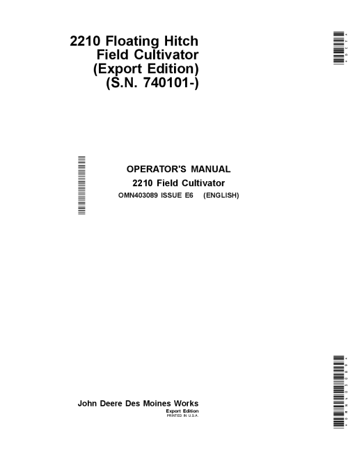 John Deere 2210 Floating Hitch Field Cultivator Export Edition OMN403089 Operation and Maintenance manual PDF Download