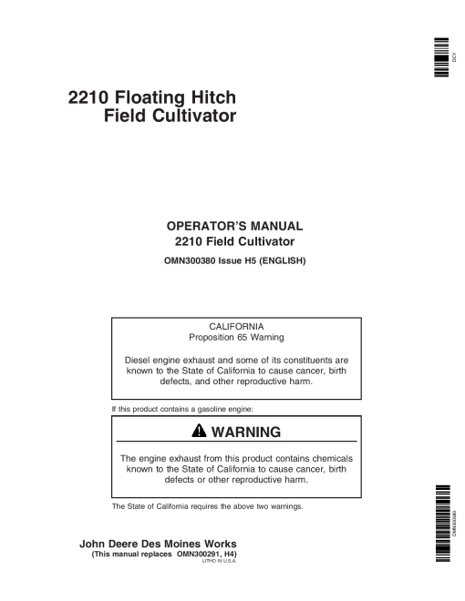 John Deere 2210 Floating Hitch Field Cultivator North American Edition 002000 002999 OMN300380 Operation and Maintenance manual PDF Download