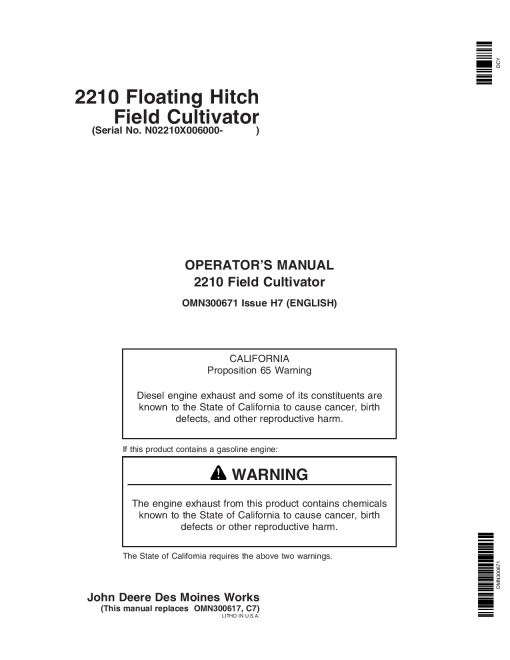 John Deere 2210 Floating Hitch Field Cultivator North American Edition 006000 007999 OMN300671 Operation and Maintenance manual PDF Download