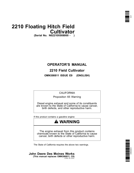John Deere 2210 Floating Hitch Field Cultivator North American Edition 008000 760100 OMN300811 Operation and Maintenance manual PDF Download
