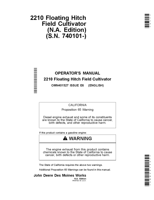 John Deere 2210 Floating Hitch Field Cultivators North American Edition OMN401527 Operation and Maintenance manual PDF Download