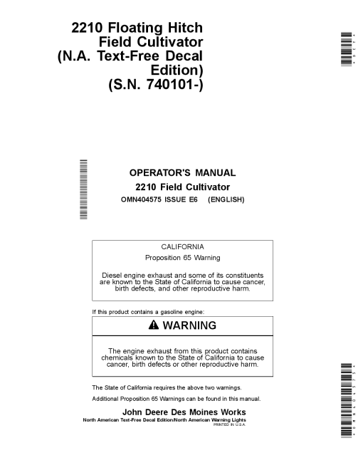 John Deere 2210 Floating Hitch Field Cultivators Text Free Decals Nort American Waning Lights North American Edition OMN404575 Operation and Maintenance manual PDF Download