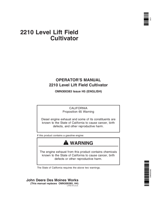 John Deere 2210 Level Lift Field Cultivator North American Edition 000000 004000 OMN300383 Operation and Maintenance manual PDF Download