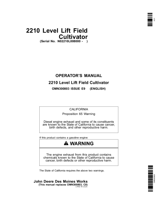 John Deere 2210 Level Lift Field Cultivator North American Edition 008000 039999 OMN300803 Operation and Maintenance manual PDF Download