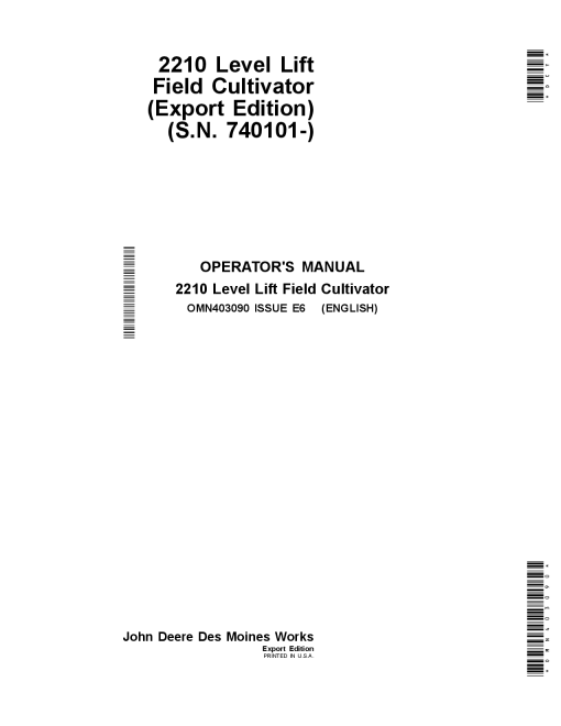 John Deere 2210 Level Lift Field Cultivators Export Edition OMN403090 Operation and Maintenance manual PDF Download