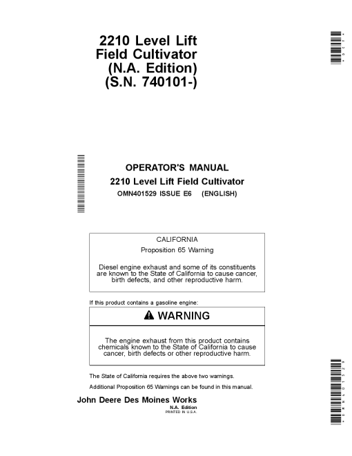 John Deere 2210 Level Lift Field Cultivators North American Edition OMN401529 Operation and Maintenance manual PDF Download