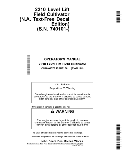 John Deere 2210 Level Lift Field CultivatorsText Free Decals Noth American Warning Lights North American Edtion OMN404576 Operation and Maintenance manual PDF Download