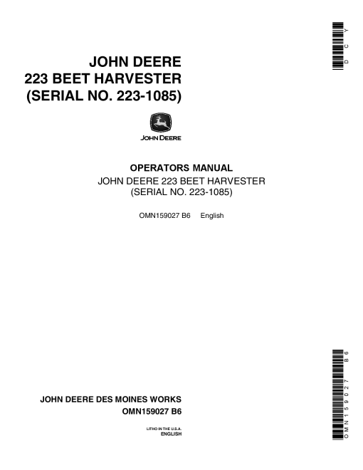John Deere 223 Beet Harvester OMN159027 Operation and Maintenance manual PDF Download