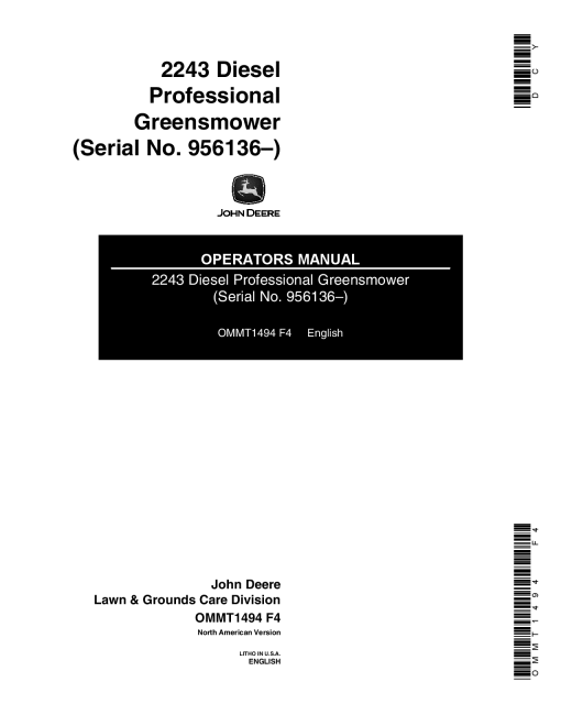 John Deere 2243 Diesel Professional Greensmower OMMT1494 Operation and Maintenance manual PDF Download