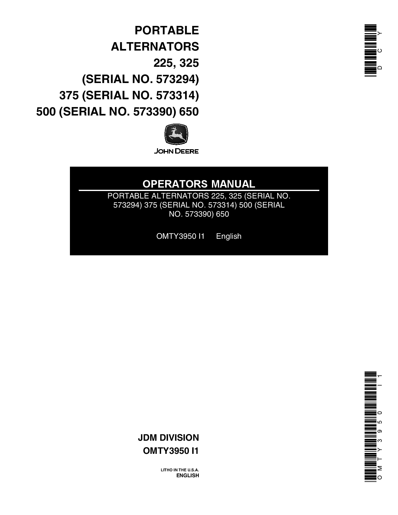 John Deere 225 325 375 500 650 Portable Alternators OMTY3950 Operation and Maintenance manual PDF Download