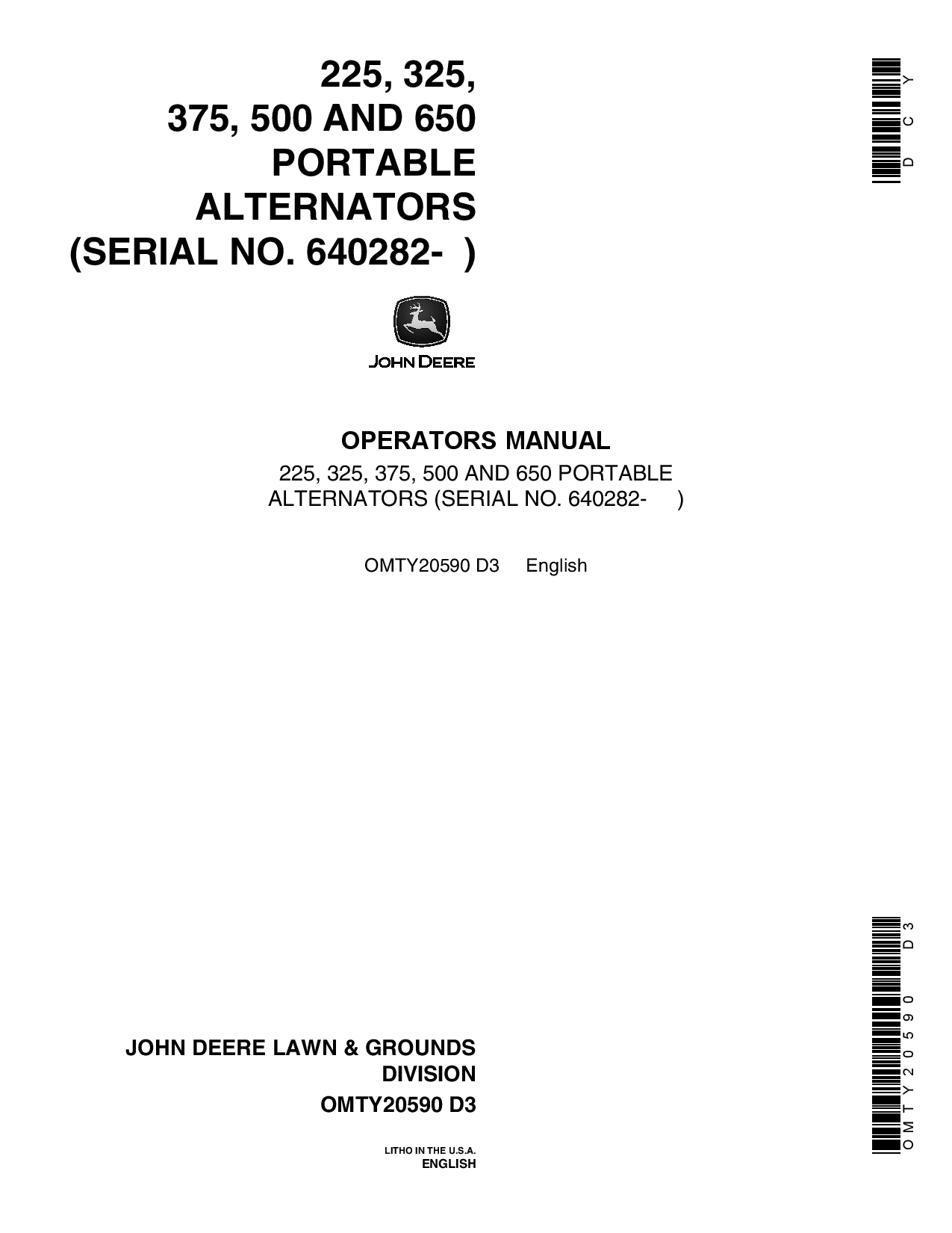 John Deere 225 325375 500 650 Portable Alternator OMTY20590 Operation and Maintenance manual PDF Download