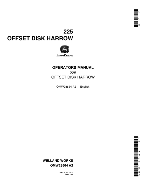 John Deere 225 Wheel Type Offset Disk Harrow North American Edition Manufactured in Canada OMW28564 Operation and Maintenance manual PDF Download