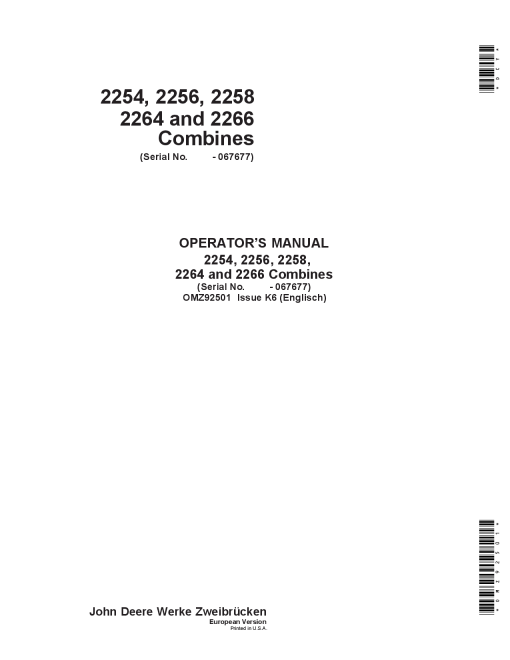 John Deere 2254 2256 2258 2264 2266 Combines OMZ92501 Operation and Maintenance manual PDF Download