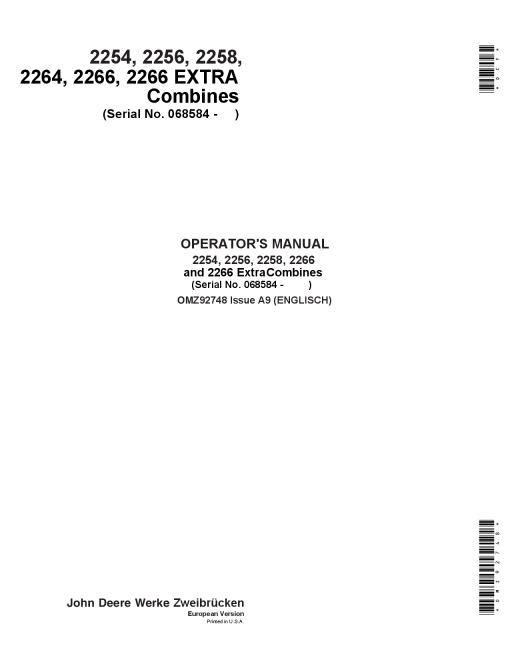 John Deere 2254 2256 2258 2264 2266 Combines OMZ92748 Operation and Maintenance manual PDF Download