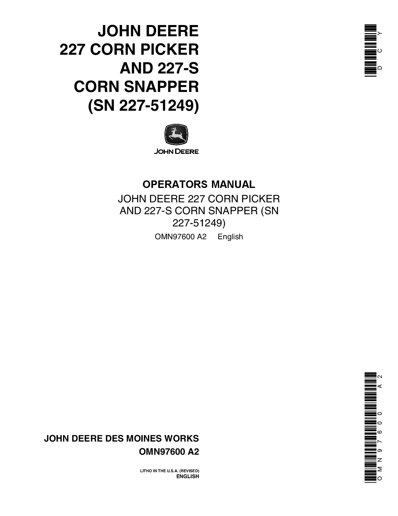 John Deere 227 2275 Corn Picker Snapper North American Edition 00000 54999 OMN97600 Operation and Maintenance manual PDF Download