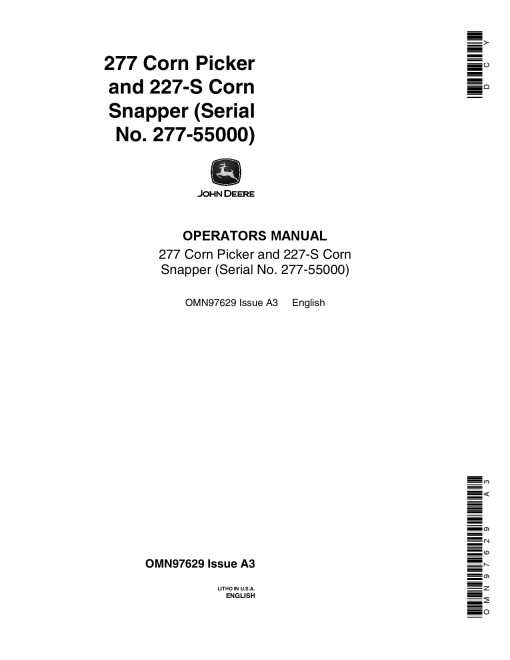 John Deere 227 2275 Corn Picker Snapper North American Edition 55000 OMN97629 Operation and Maintenance manual PDF Download