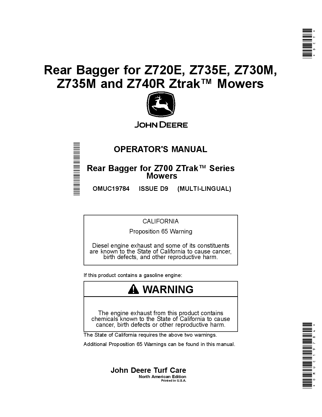 John Deere 23 Rear Bagger MCS for Z720E Z735E Z730M Z735M and Z740R ZtrakTM Mowers OMUC19784 Operation and Maintenance manual PDF Download