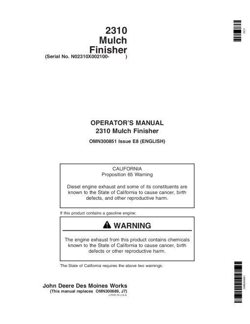 John Deere 2310 Mulch Finisher 002100 OMN300851 Operation and Maintenance manual PDF Download