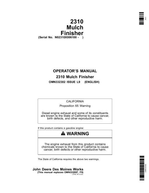 John Deere 2310 Mulch Finisher 006100 OMN332302 Operation and Maintenance manual PDF Download