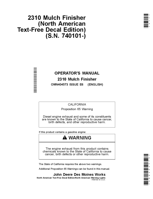 John Deere 2310 Mulch FinishersText Free Decals North American Warning Lights Asian Edition w North American Configuration OMN404573 Operation and Maintenance manual PDF Download